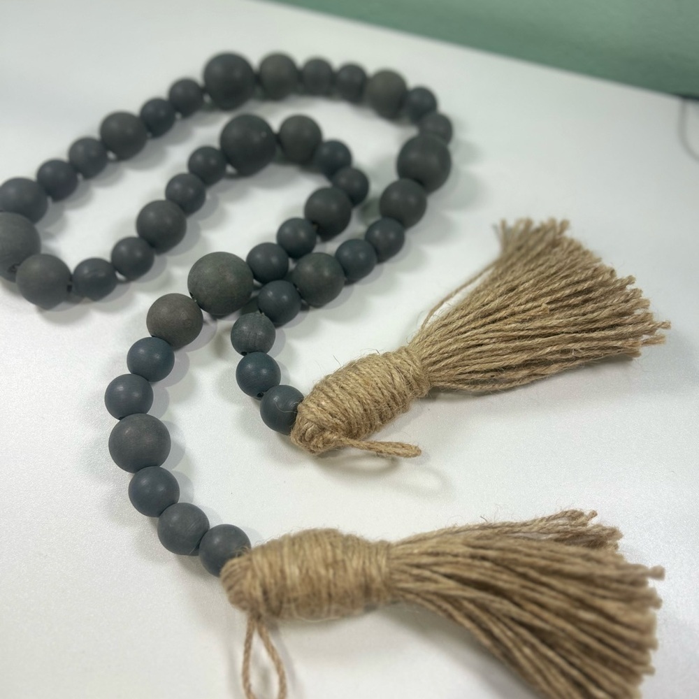 Large Wooden Bead Garland with Tassels Gray